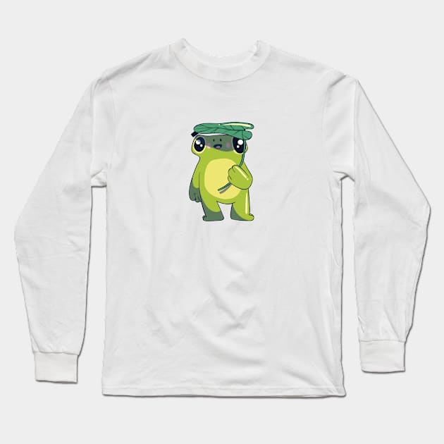 Cute Frog Holding a Leaf Umbrella Cottagecore Aesthetic Long Sleeve T-Shirt by uncommontee